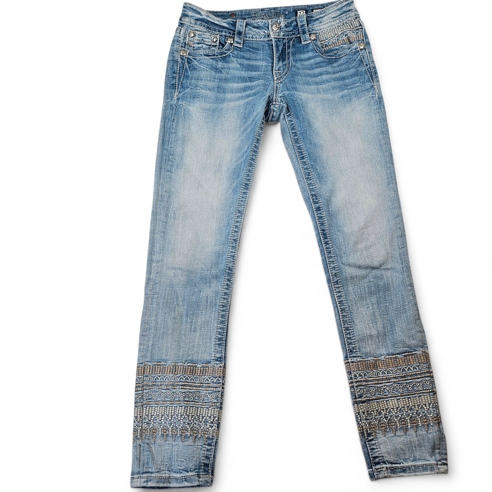 Miss Me Signature Cuffed Skinny Jeans 27 Blue Embroidered Boho indie Low Rise